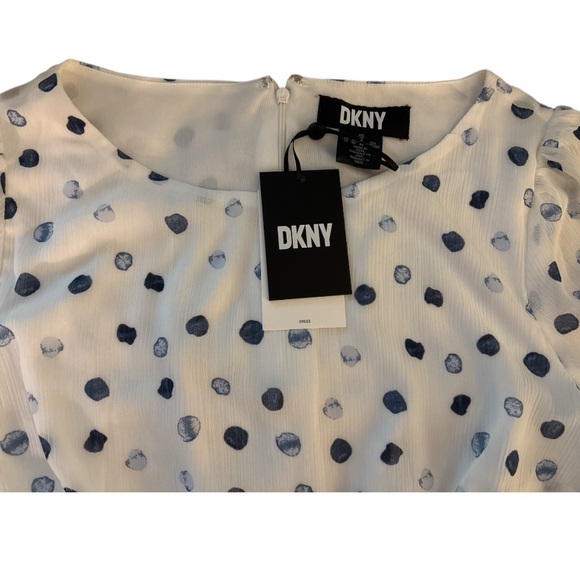 DKNY spring summer dress, white with blue dots, belted , full skirt, lined. SZ12 - Picture 8 of 12